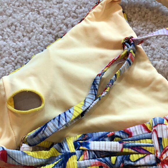Women's Yellow Blue Floral Adjustabel Padded Top High Waisted Cheeky Bikini - Picture 14 of 14